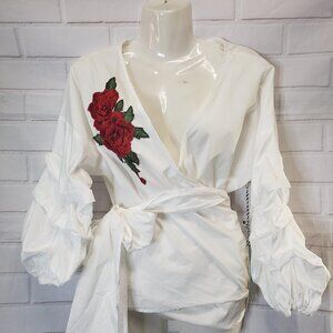NEW Red Rose Applique White Wrap Top womens Plus 1XL Sexy Feminine Shirt